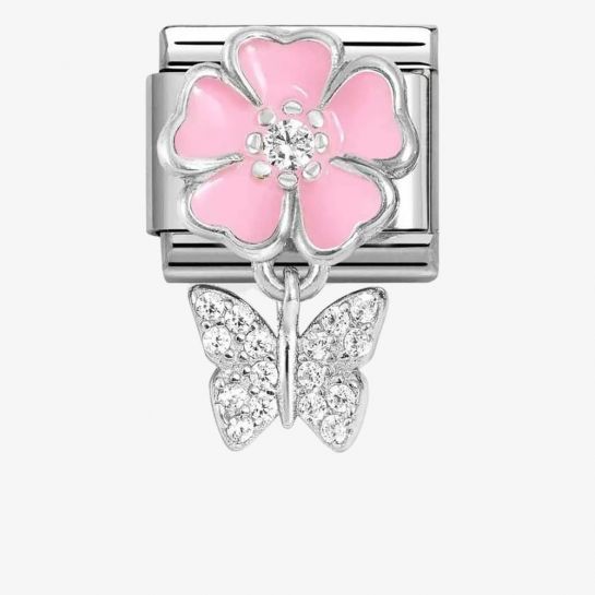 Nomination Pink Flower CZ Butterfly Pendant Composable Link