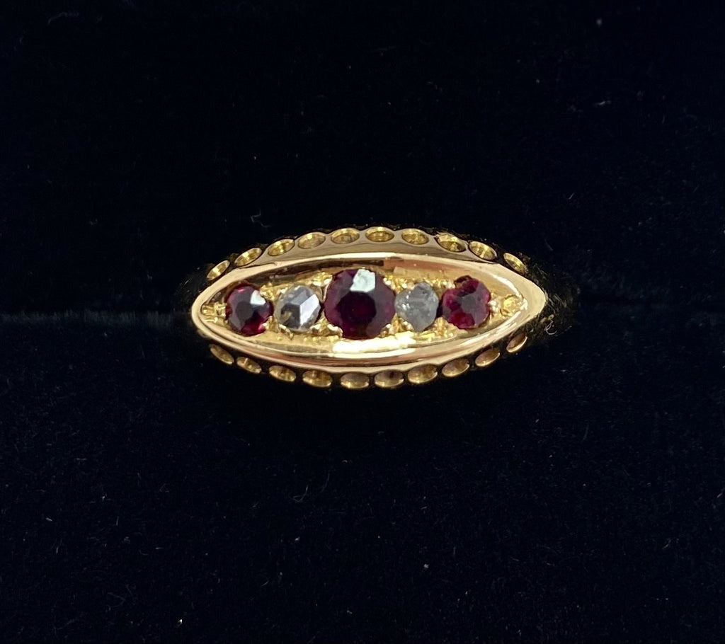 Vintage 18ct Ruby and Diamond Boat Shaped Ring