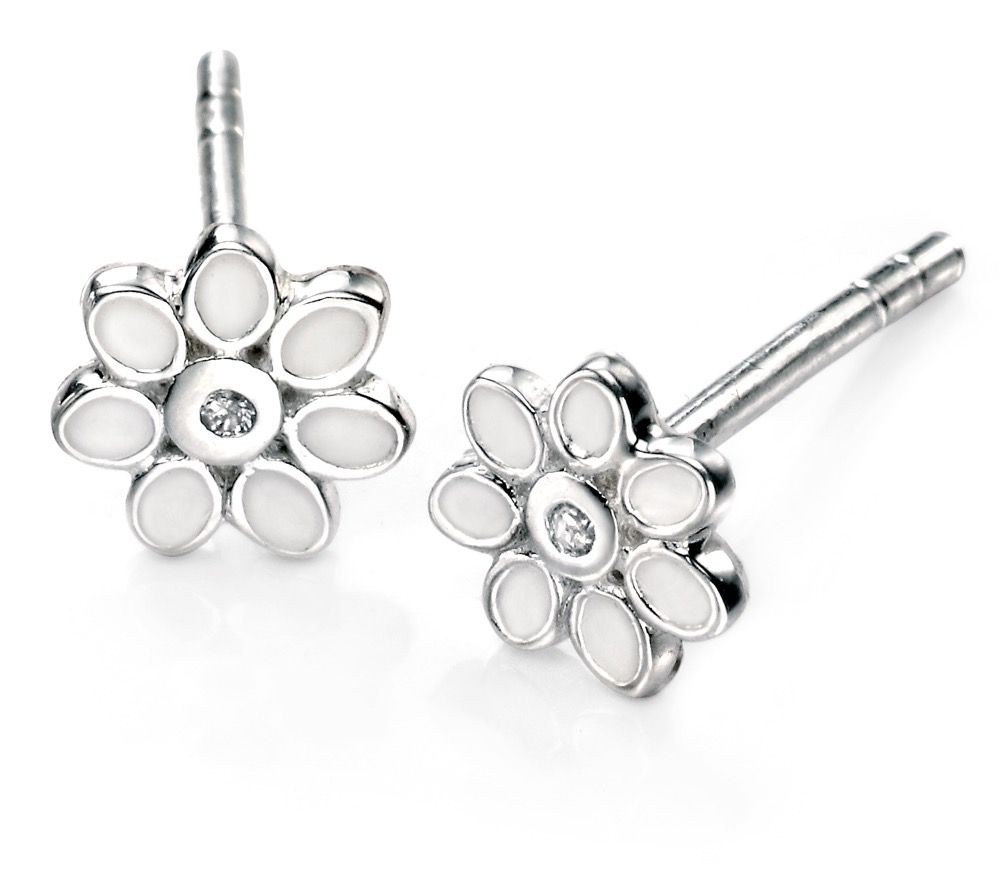 D for Diamond White Enamel Flower Stud Earrings