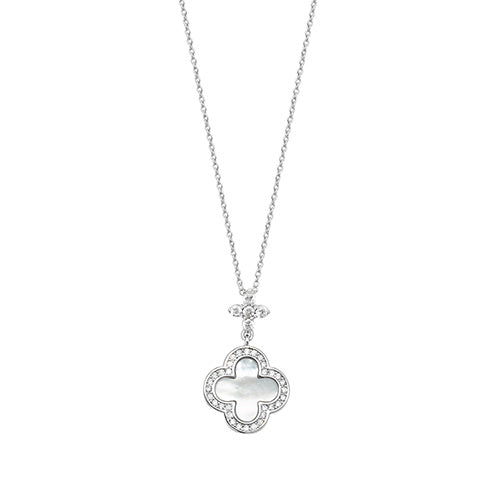 Silver & Co MOP Clover Shaped CZ Pendant on Fixed Chain