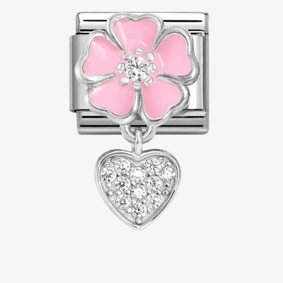 Nomination Pink Flower CZ Heart Pendant Composable Link