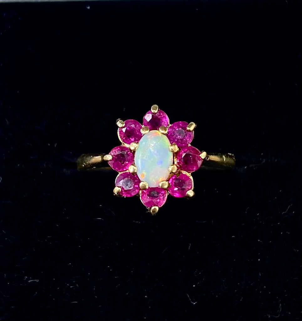Vintage 9ct Opal and Ruby Floral Cluster Ring