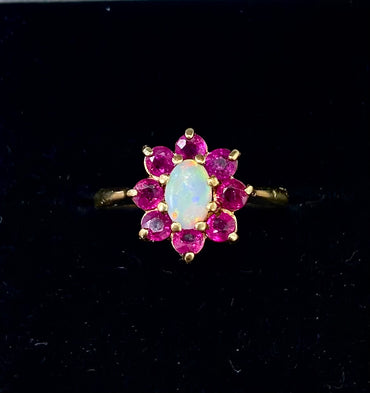 Vintage 9ct Opal and Ruby Floral Cluster Ring