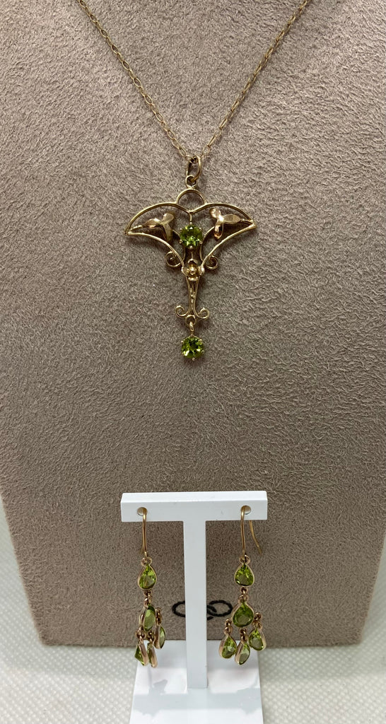 Vintage 9ct Peridot Pendant & Earrings Set