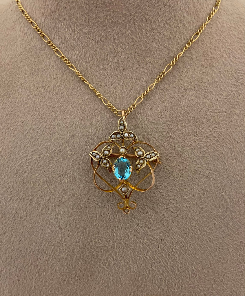 Edwardian 9ct Blue Topaz & Pearl Pendant