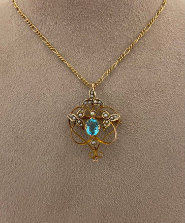 Edwardian 9ct Blue Topaz & Pearl Pendant