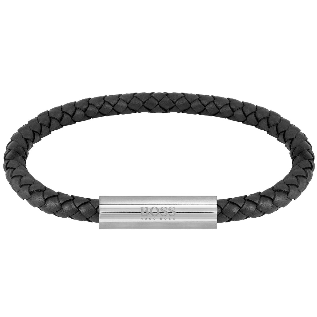 Boss Gents Black Leather Bracelet