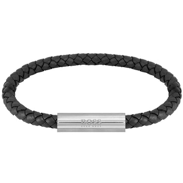 Boss Gents Black Leather Bracelet