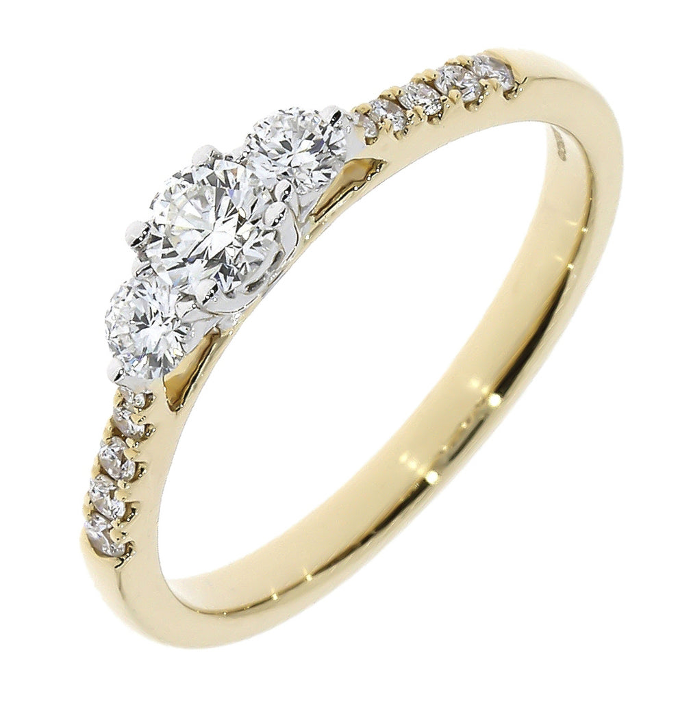 18ct Yellow Gold 3 Stone Diamond Ring & Diamond Shoulders