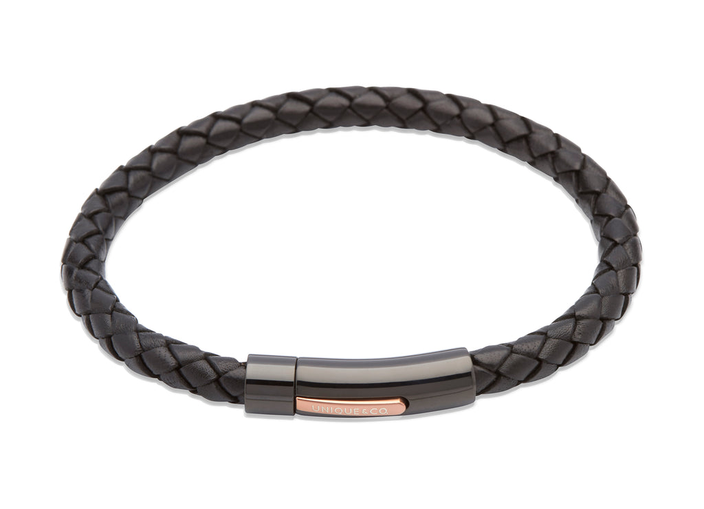Unique Black Leather Bracelet with Rose Gold IP Plated Steel Pusher Clasp