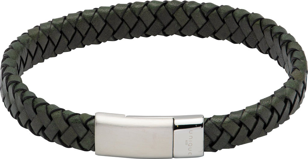 Unique Dark Green Leather Bracelet with Steel Clasp