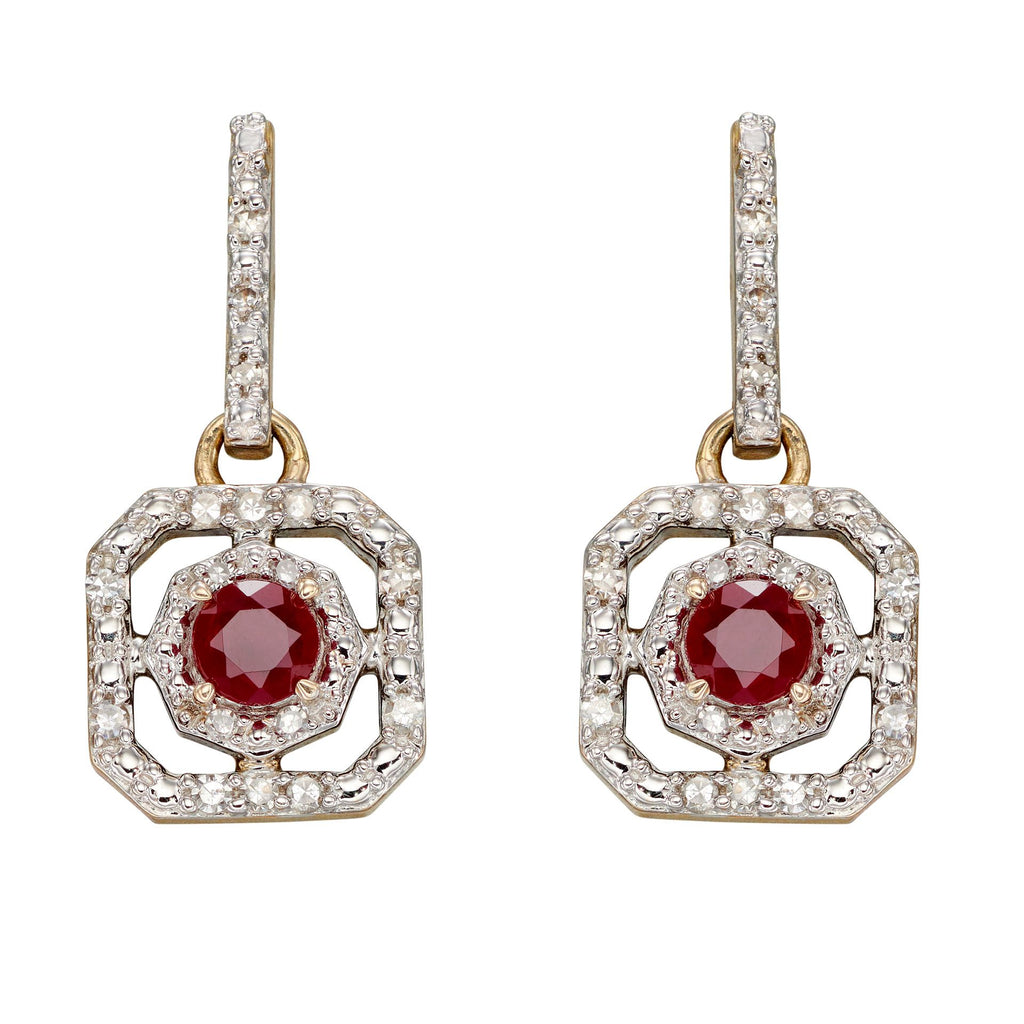 9ct Yellow Gold Ruby and Diamond Art Deco Earrings