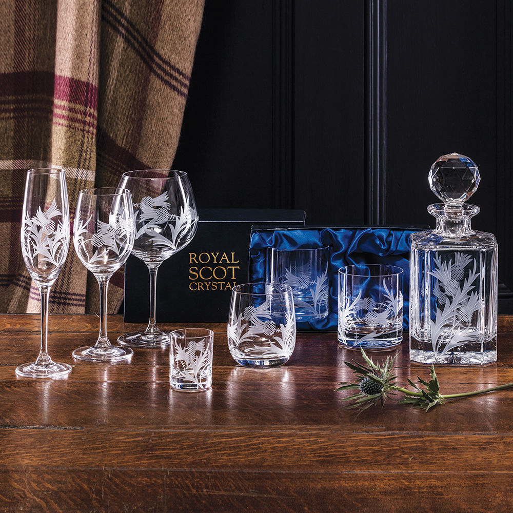 Flower of Scotland (Thistle) - 2 Large Crystal Wine Glasses 216mm (Presentation Boxed)
