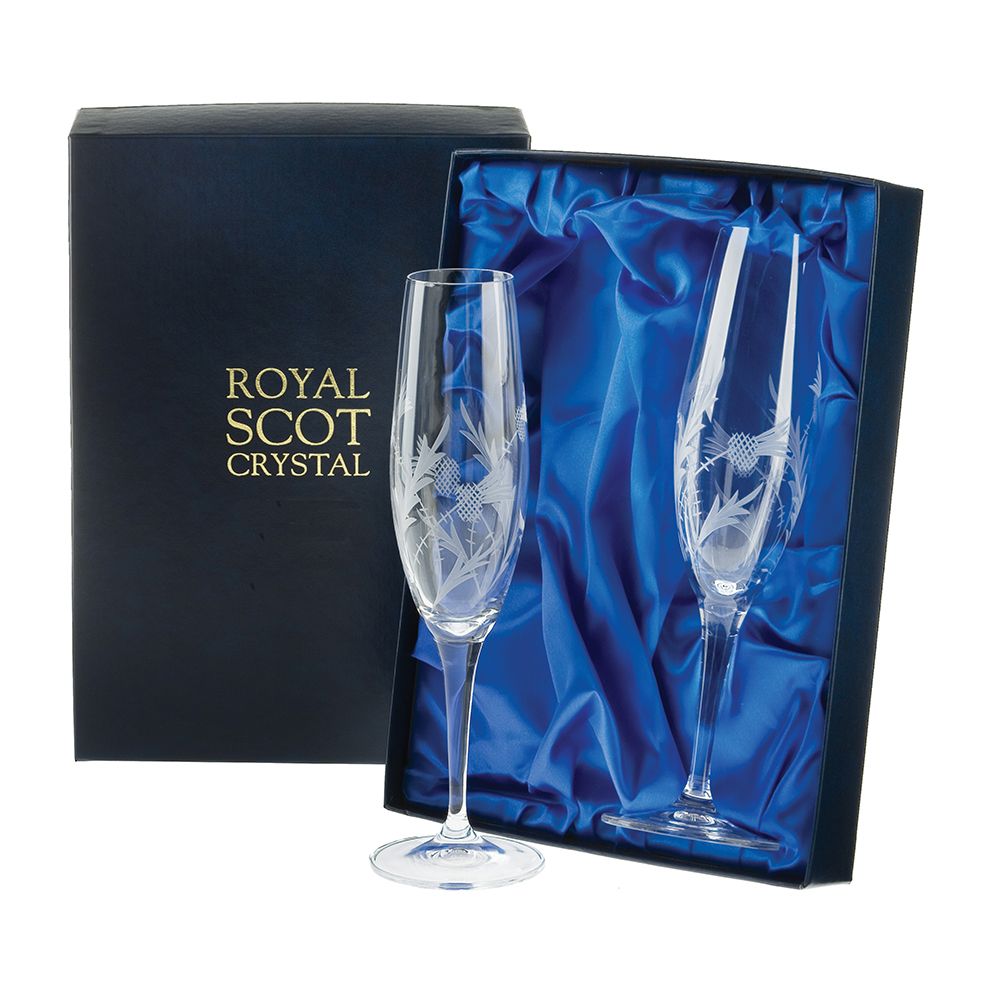Flower of Scotland (thistle) - 2 Crystal Champagne Flutes 236mm (Presentation Boxed)
