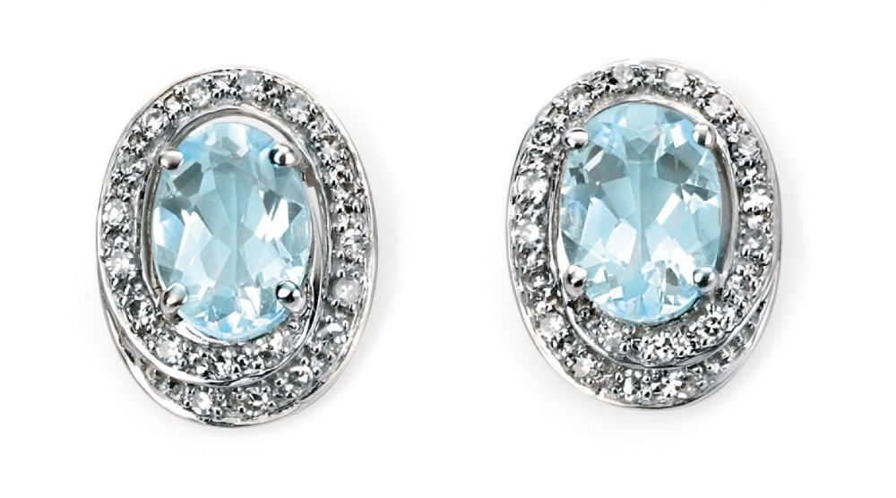 9ct White Gold Aquamarine and Diamond Oval Earrings