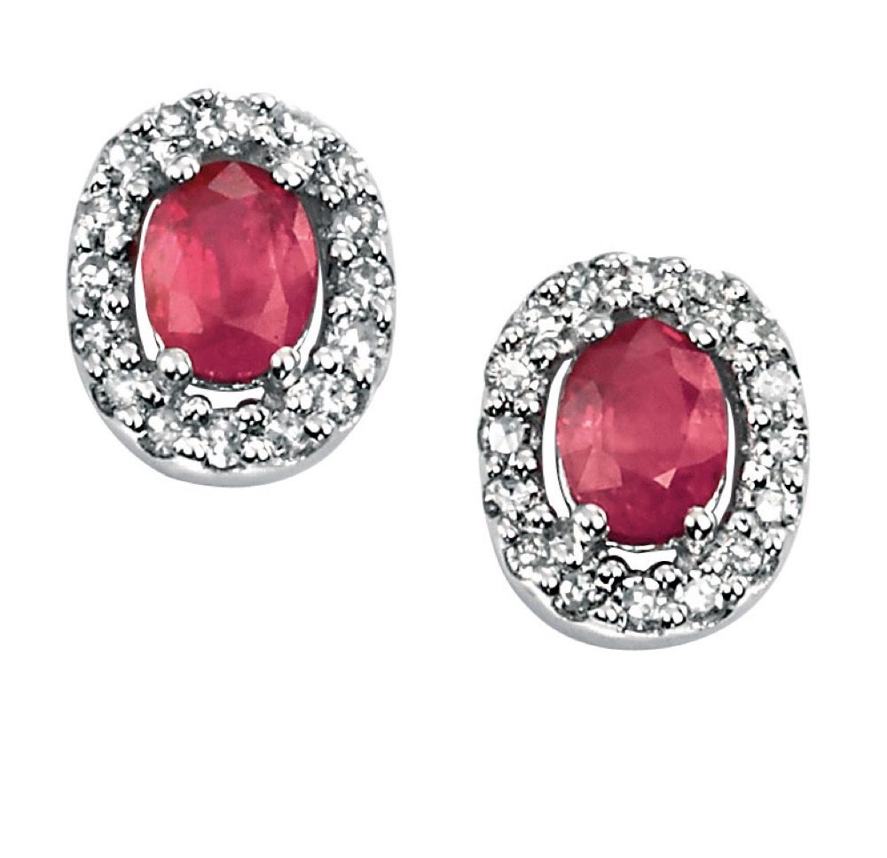9ct White Gold Oval Ruby Earrings with Pave Diamonds