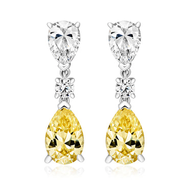 Silver Triple Drop Yellow/White Cubic Zirconia Earrings
