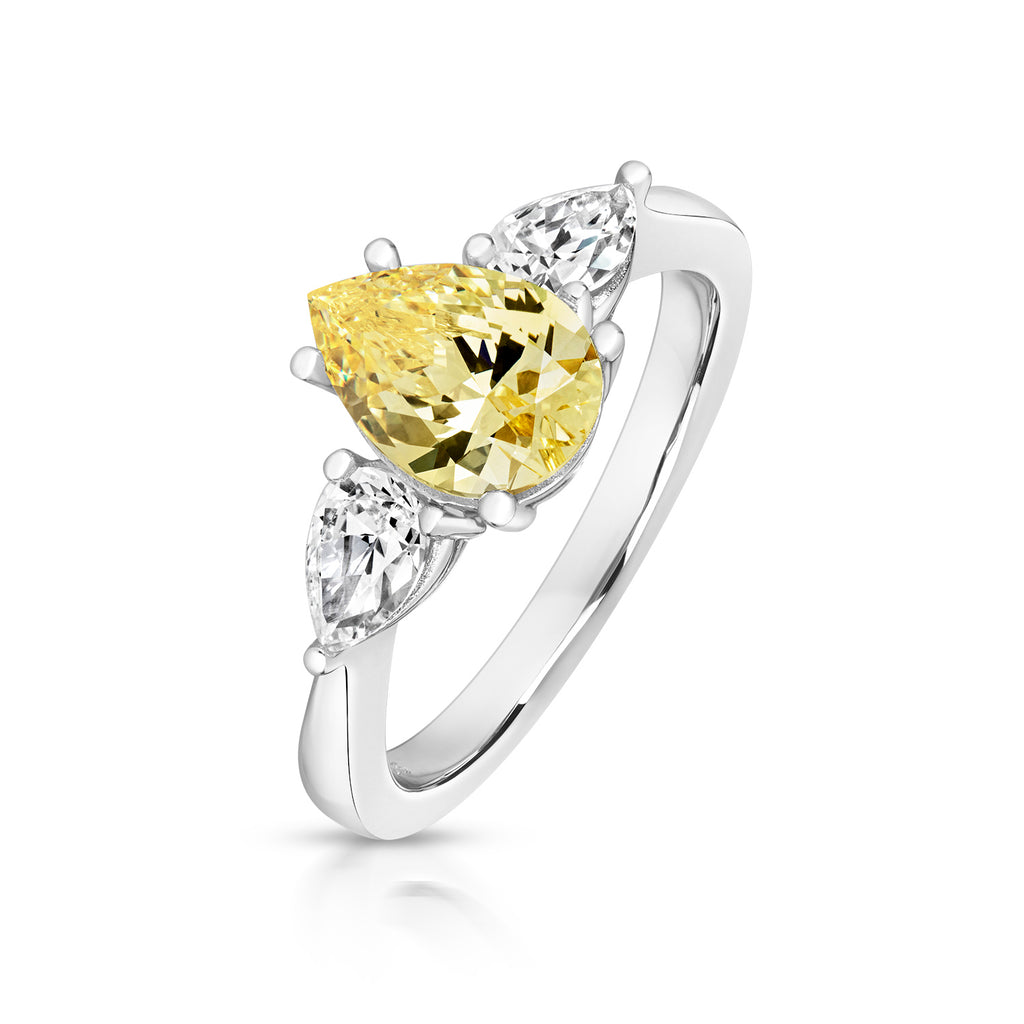 Silver Yellow/White Three Stone Pear Shape Cubic Zirconia Ring