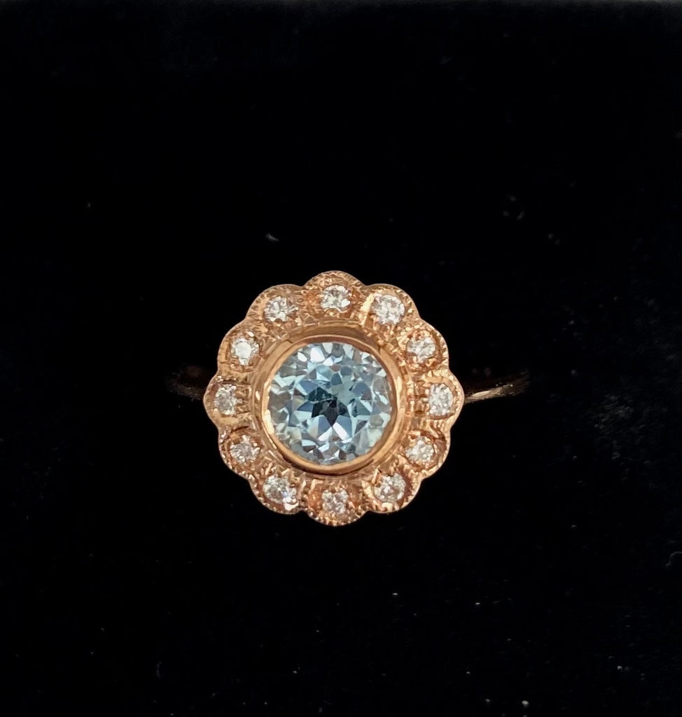 9ct Rose Gold Blue Topaz and Diamond Cluster Ring