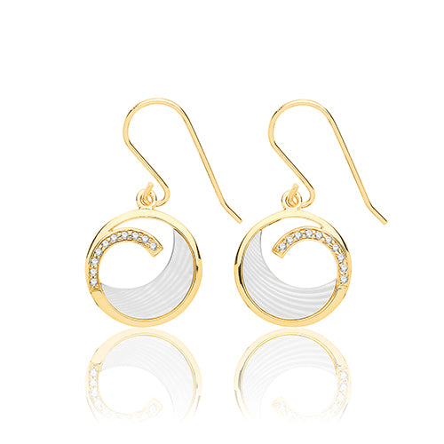 Silver & Co. Mother of Pearl, CZ Yellow Gold Plated Earrings